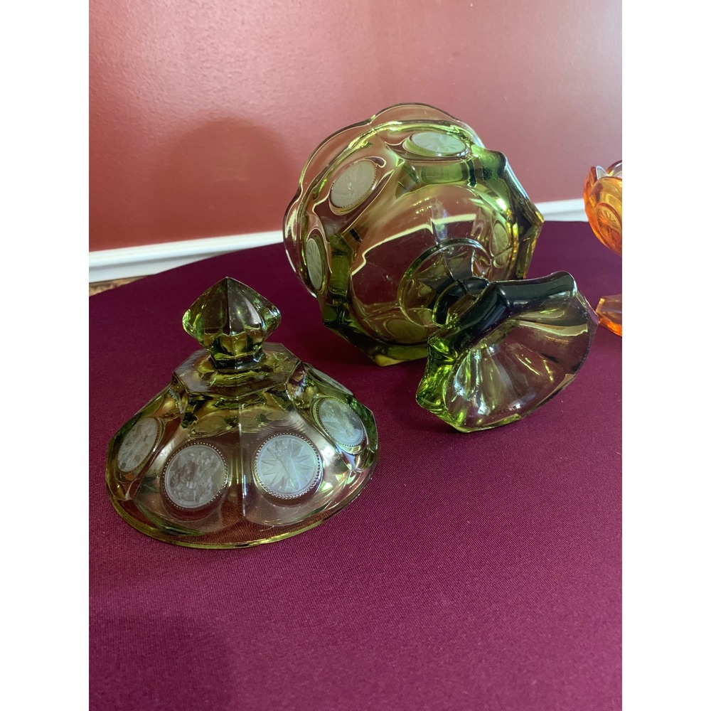 Fostoria Coin Glass Set Green Amber Vintage Retro Y2K Mid Century Rare 3pc - Picture 6 of 11